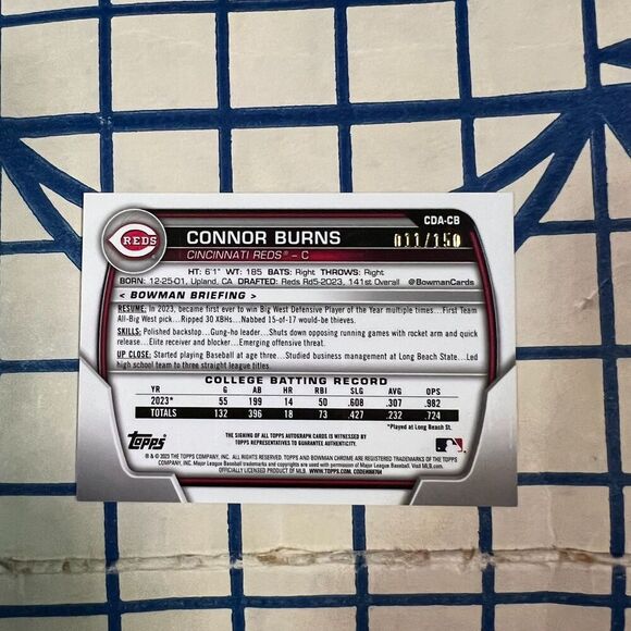 2023 Bowman Draft - Chrome Prospect Autographs Connor Burns #CDA-CB Blue Wave - Picture 6 of 8